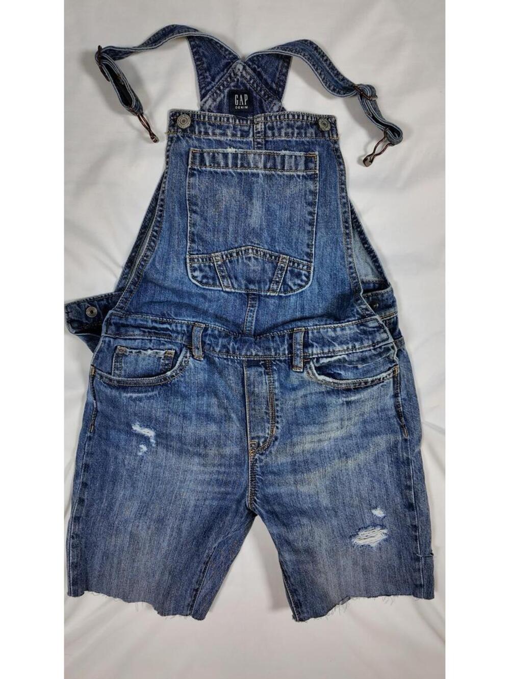 GAP Denim Distressed Short Overalls Youth Large Blue Raw Hem